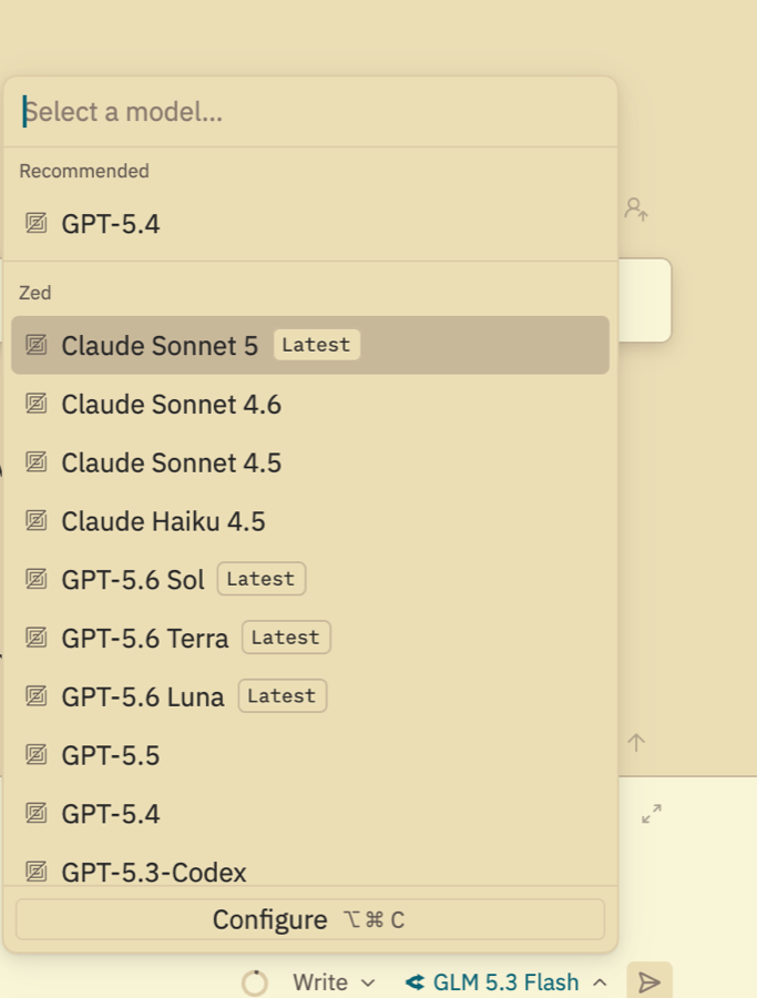 Zed's model picker open, with Claude Sonnet 5 highlighted under the Zed heading and tagged Latest