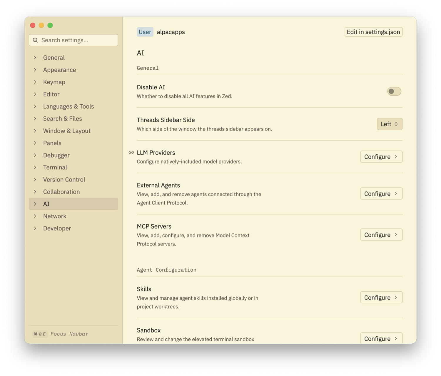 Zed settings window on the AI section, showing Disable AI, Threads Sidebar Side, LLM Providers with a Configure button, External Agents, MCP Servers, Skills and Sandbox
