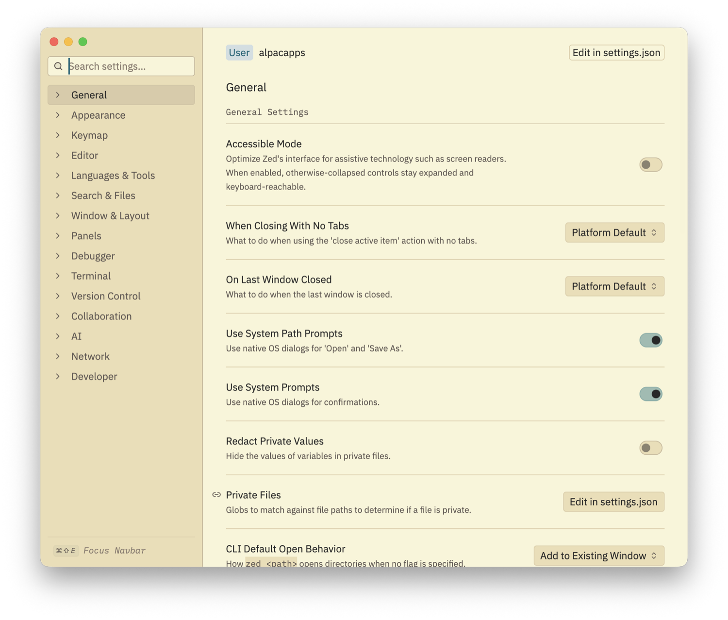 Zed settings window open on the General section, with the section list down the left sidebar