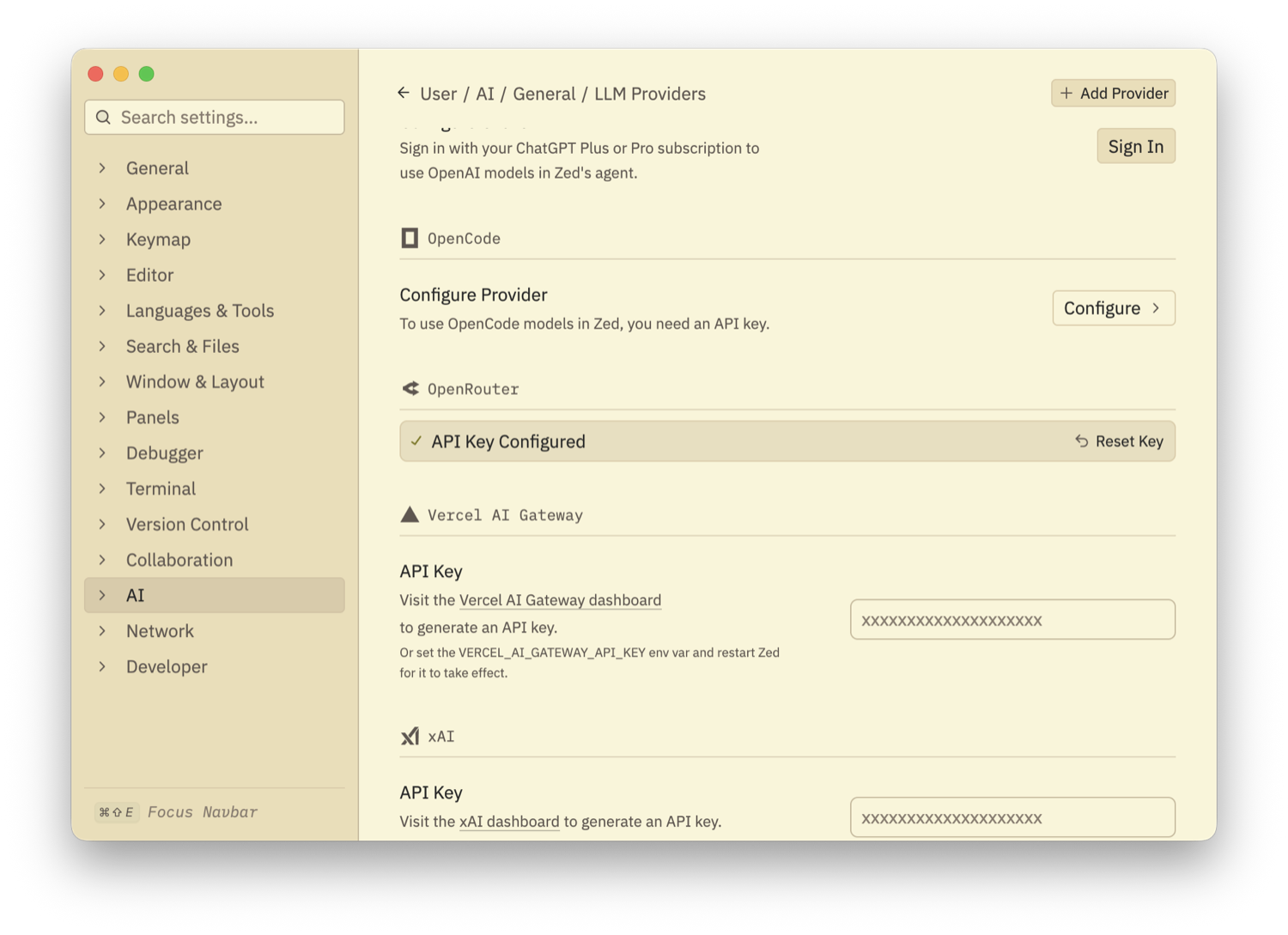 Zed LLM Providers settings page showing OpenCode, OpenRouter with API Key Configured and a Reset Key button, Vercel AI Gateway, and xAI